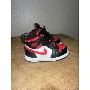 Nike Air Jordan 1 Mid Black/Fire Red Toddler Sneakers 640734-079-‎ SZ  5C